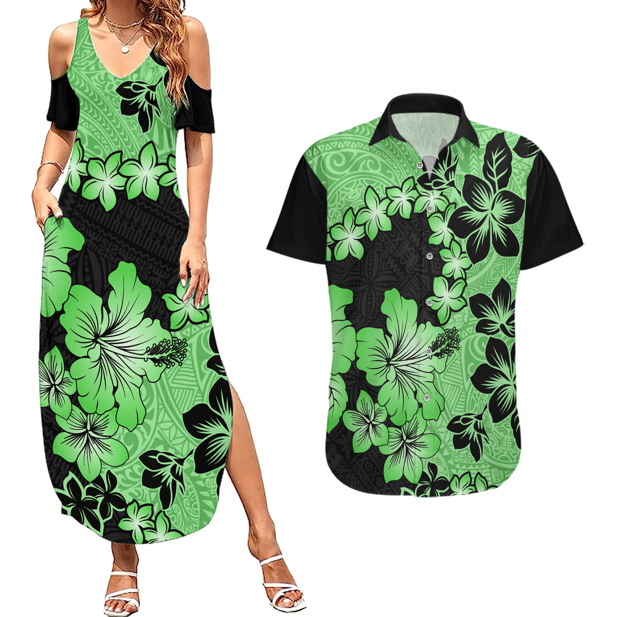 Green Hawaii Couples Matching Summer Maxi Dress and Hawaiian Shirt Tapa Cloth Mix Tropical Flowers Pastel Vibes - Wonder Print Shop