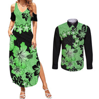 Green Hawaii Couples Matching Summer Maxi Dress and Long Sleeve Button Shirt Tapa Cloth Mix Tropical Flowers Pastel Vibes - Wonder Print Shop