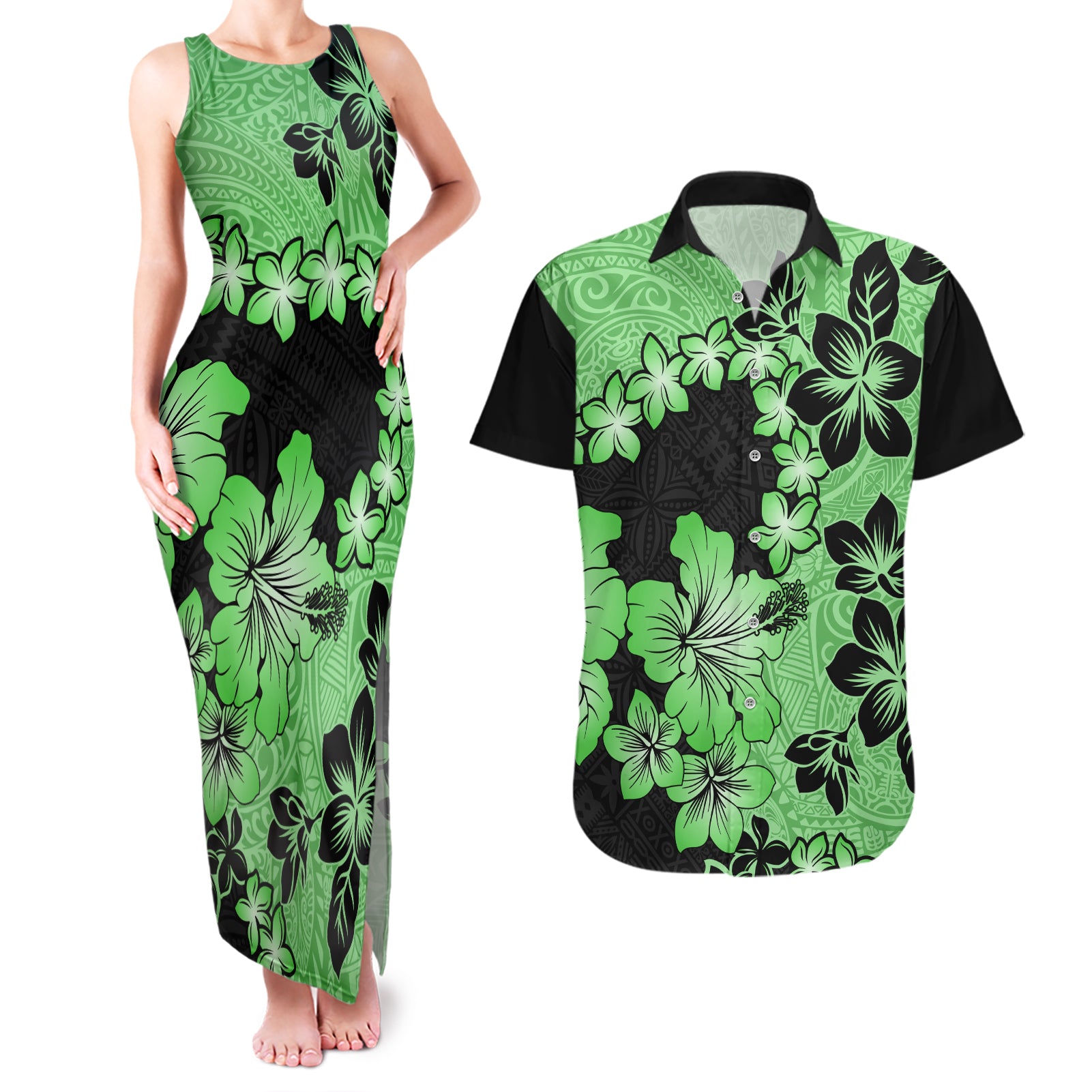 Green Hawaii Couples Matching Tank Maxi Dress and Hawaiian Shirt Tapa Cloth Mix Tropical Flowers Pastel Vibes - Wonder Print Shop