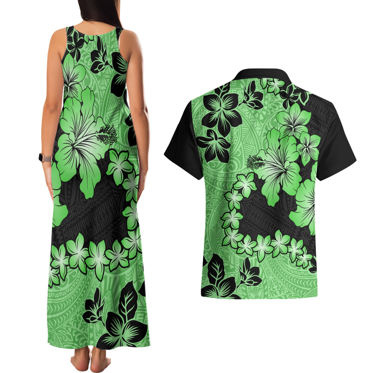 Green Hawaii Couples Matching Tank Maxi Dress and Hawaiian Shirt Tapa Cloth Mix Tropical Flowers Pastel Vibes - Wonder Print Shop