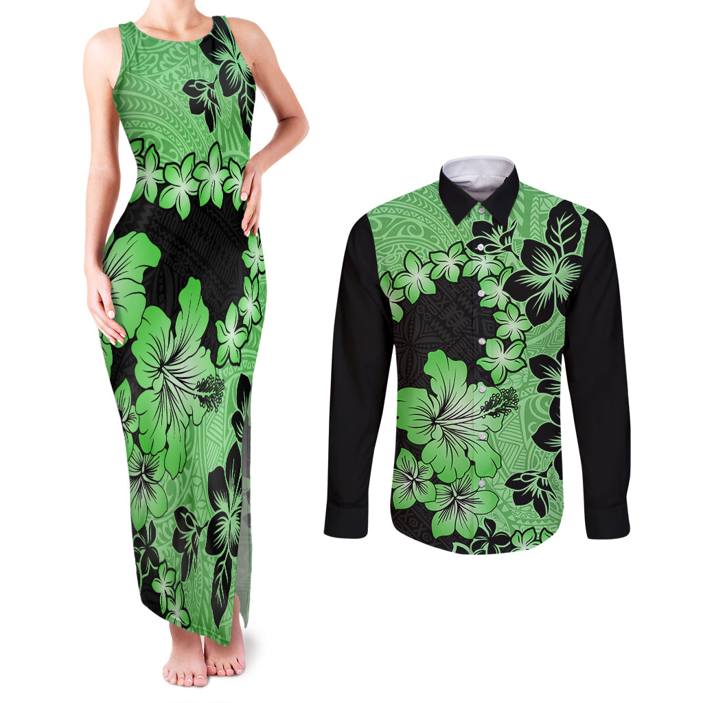 Green Hawaii Couples Matching Tank Maxi Dress and Long Sleeve Button Shirt Tapa Cloth Mix Tropical Flowers Pastel Vibes - Wonder Print Shop