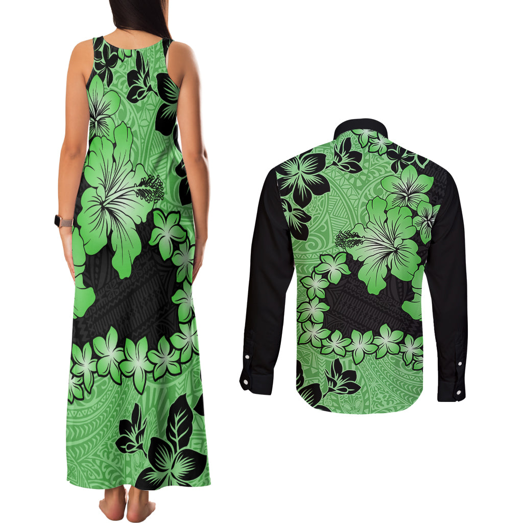 Green Hawaii Couples Matching Tank Maxi Dress and Long Sleeve Button Shirt Tapa Cloth Mix Tropical Flowers Pastel Vibes - Wonder Print Shop