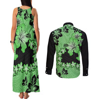 Green Hawaii Couples Matching Tank Maxi Dress and Long Sleeve Button Shirt Tapa Cloth Mix Tropical Flowers Pastel Vibes - Wonder Print Shop
