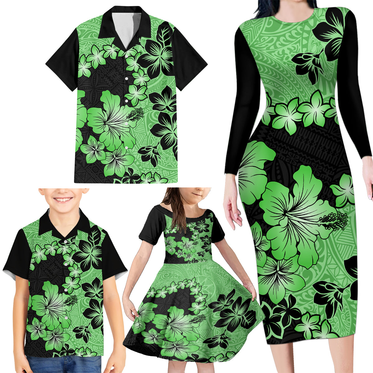 Green Hawaii Family Matching Long Sleeve Bodycon Dress and Hawaiian Shirt Tapa Cloth Mix Tropical Flowers Pastel Vibes - Wonder Print Shop