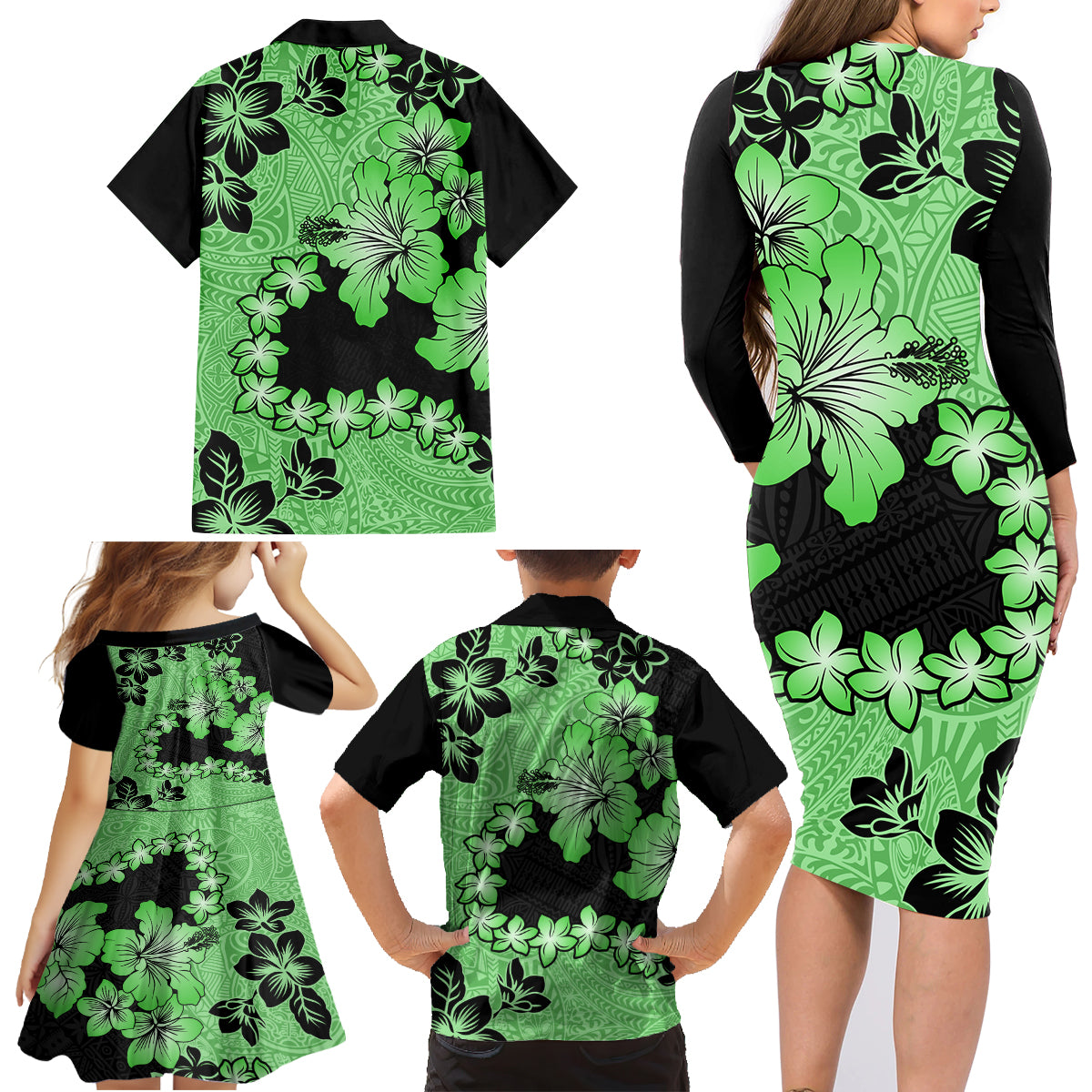 Green Hawaii Family Matching Long Sleeve Bodycon Dress and Hawaiian Shirt Tapa Cloth Mix Tropical Flowers Pastel Vibes - Wonder Print Shop