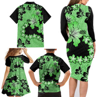 Green Hawaii Family Matching Long Sleeve Bodycon Dress and Hawaiian Shirt Tapa Cloth Mix Tropical Flowers Pastel Vibes - Wonder Print Shop