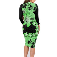 Green Hawaii Family Matching Long Sleeve Bodycon Dress and Hawaiian Shirt Tapa Cloth Mix Tropical Flowers Pastel Vibes - Wonder Print Shop