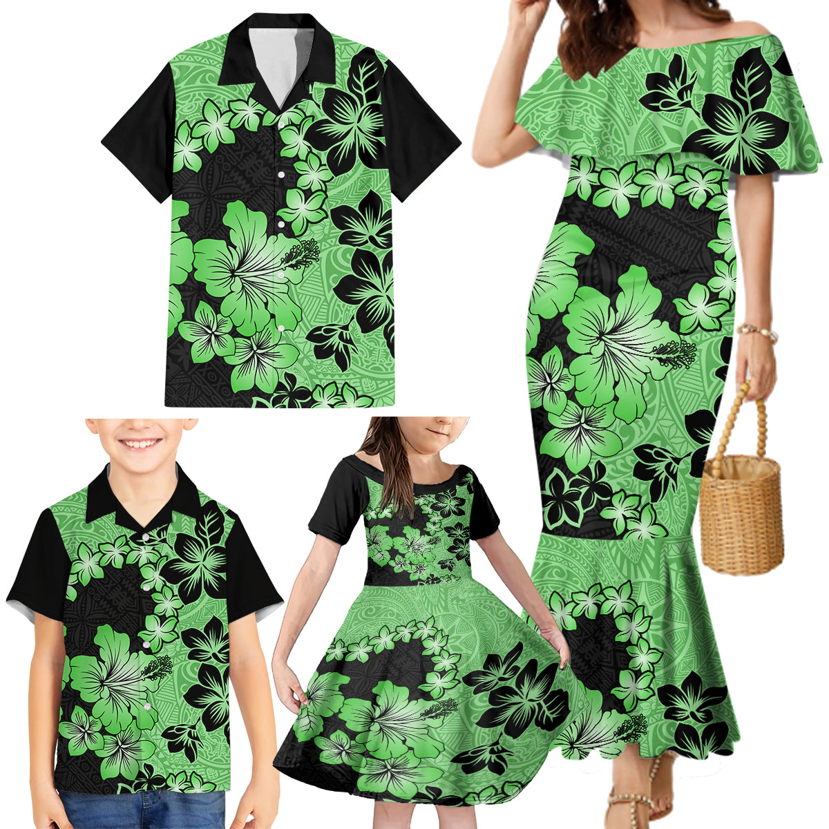 Green Hawaii Family Matching Mermaid Dress and Hawaiian Shirt Tapa Cloth Mix Tropical Flowers Pastel Vibes - Wonder Print Shop