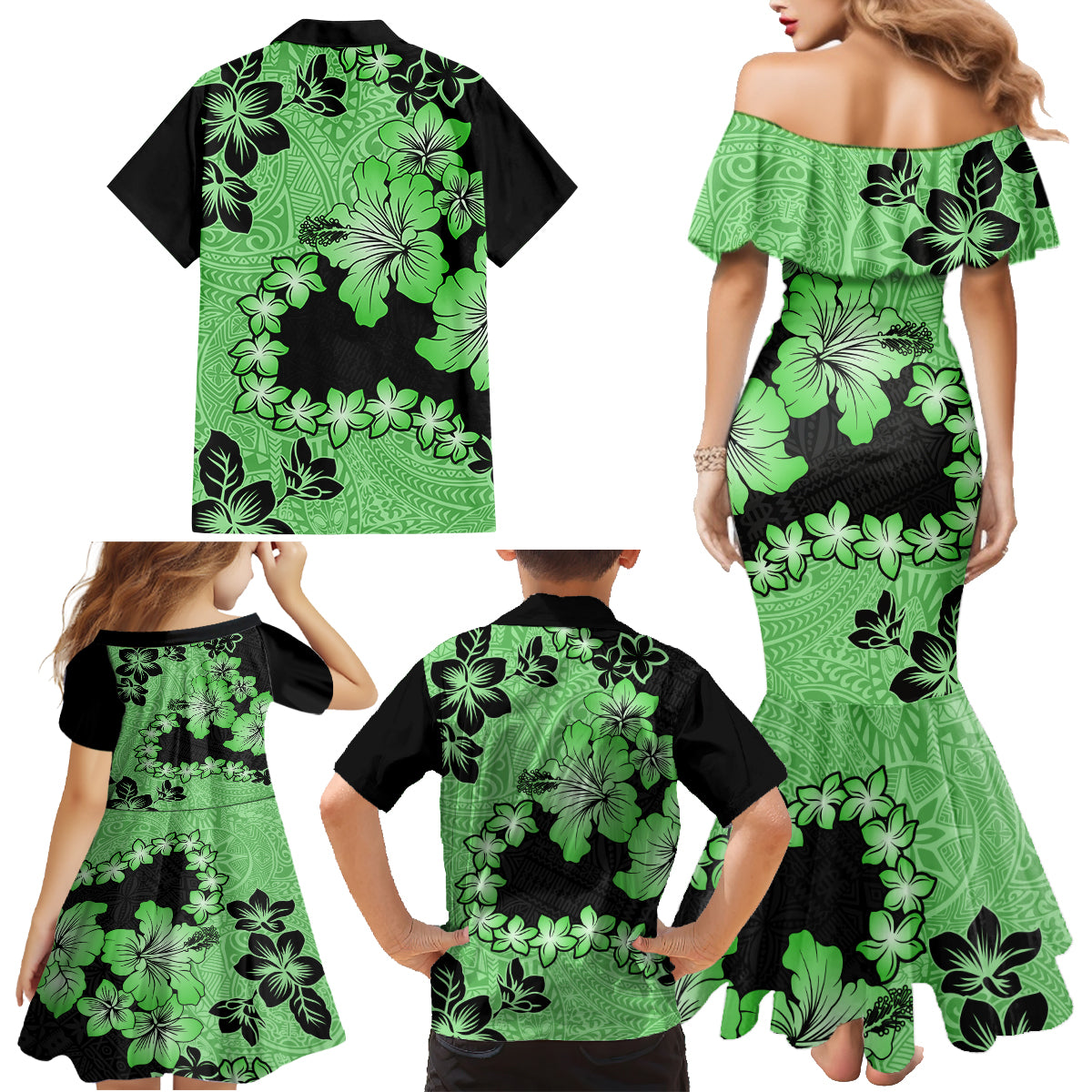 Green Hawaii Family Matching Mermaid Dress and Hawaiian Shirt Tapa Cloth Mix Tropical Flowers Pastel Vibes - Wonder Print Shop