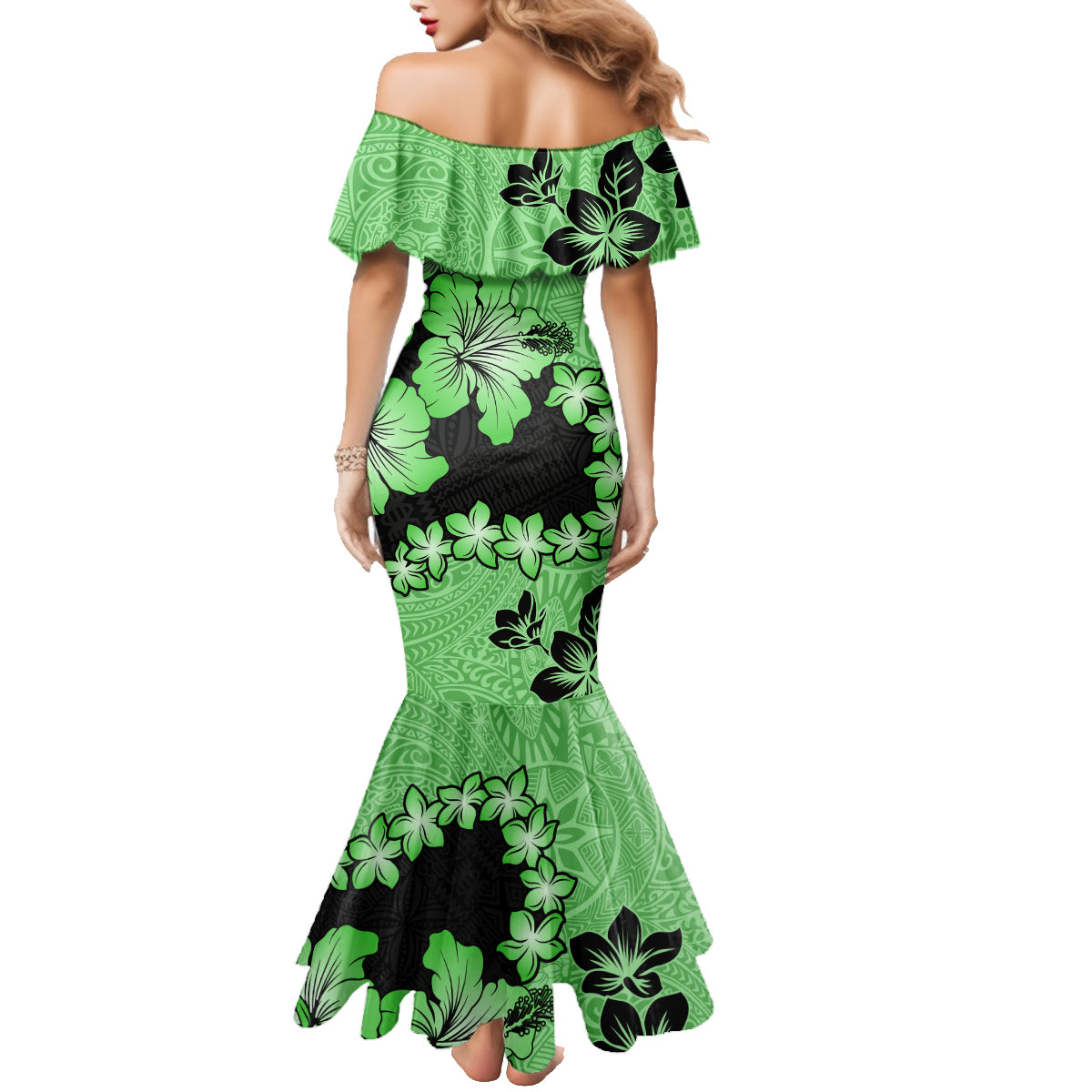 Green Hawaii Family Matching Mermaid Dress and Hawaiian Shirt Tapa Cloth Mix Tropical Flowers Pastel Vibes - Wonder Print Shop