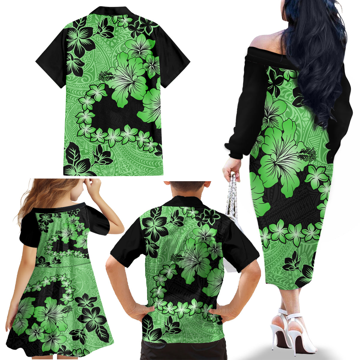 Green Hawaii Family Matching Off Shoulder Long Sleeve Dress and Hawaiian Shirt Tapa Cloth Mix Tropical Flowers Pastel Vibes - Wonder Print Shop