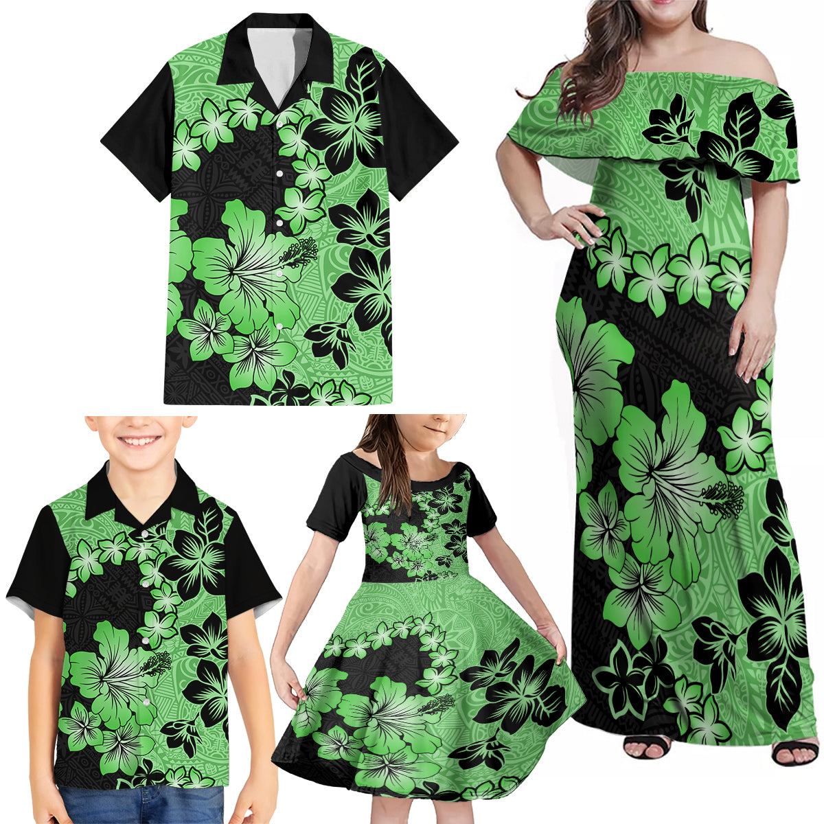 Green Hawaii Family Matching Off Shoulder Maxi Dress and Hawaiian Shirt Tapa Cloth Mix Tropical Flowers Pastel Vibes - Wonder Print Shop