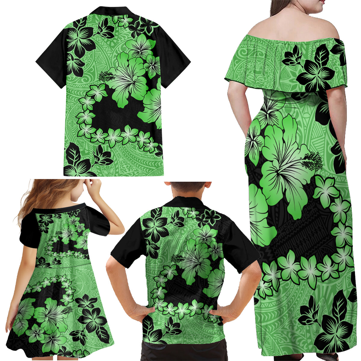 Green Hawaii Family Matching Off Shoulder Maxi Dress and Hawaiian Shirt Tapa Cloth Mix Tropical Flowers Pastel Vibes - Wonder Print Shop