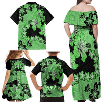 Green Hawaii Family Matching Off Shoulder Maxi Dress and Hawaiian Shirt Tapa Cloth Mix Tropical Flowers Pastel Vibes - Wonder Print Shop