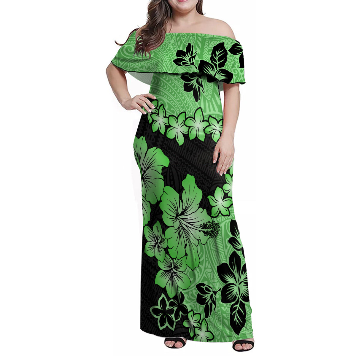 Green Hawaii Family Matching Off Shoulder Maxi Dress and Hawaiian Shirt Tapa Cloth Mix Tropical Flowers Pastel Vibes - Wonder Print Shop