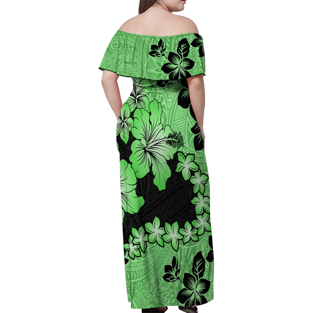 Green Hawaii Family Matching Off Shoulder Maxi Dress and Hawaiian Shirt Tapa Cloth Mix Tropical Flowers Pastel Vibes - Wonder Print Shop