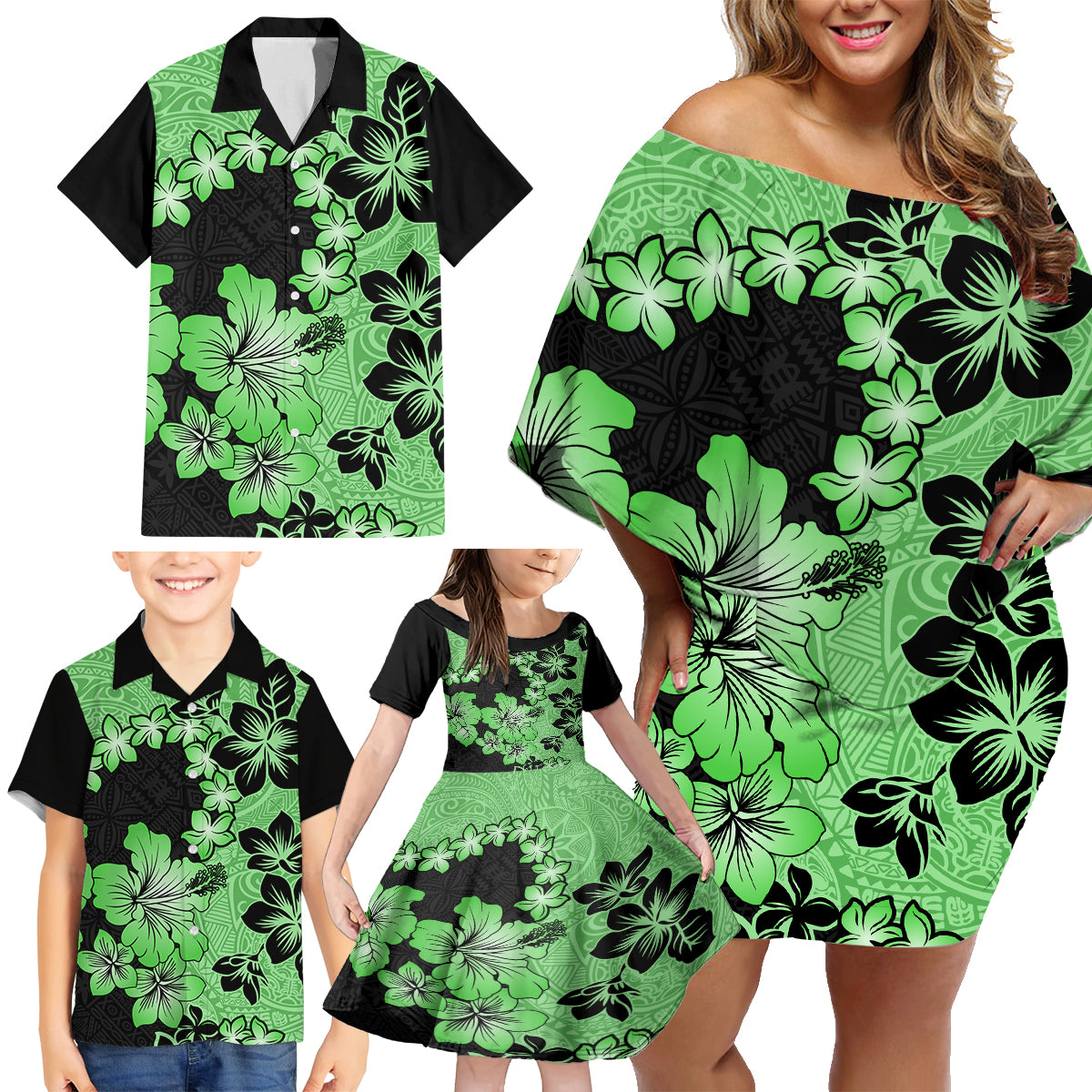 Green Hawaii Family Matching Off Shoulder Short Dress and Hawaiian Shirt Tapa Cloth Mix Tropical Flowers Pastel Vibes - Wonder Print Shop