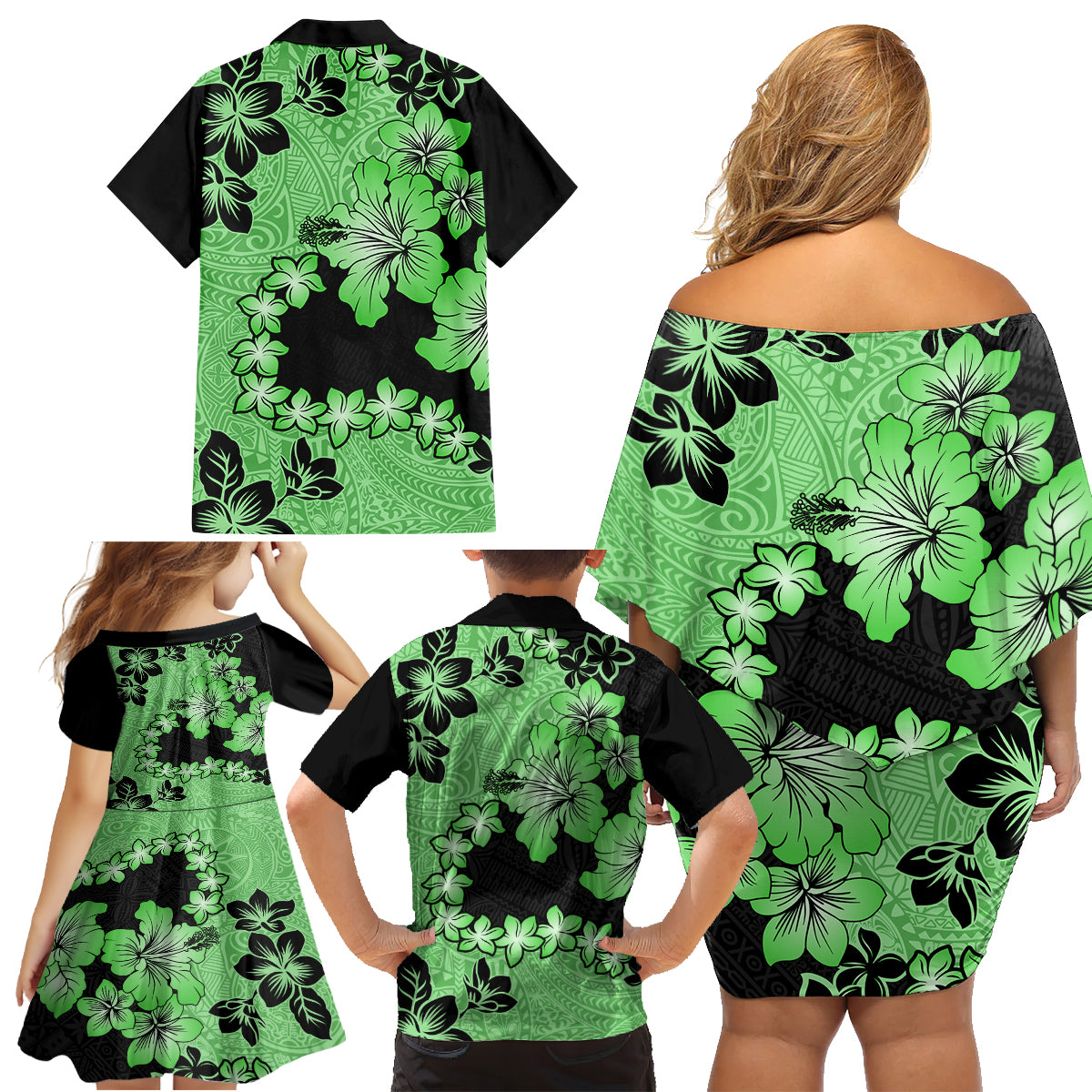 Green Hawaii Family Matching Off Shoulder Short Dress and Hawaiian Shirt Tapa Cloth Mix Tropical Flowers Pastel Vibes - Wonder Print Shop