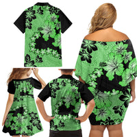 Green Hawaii Family Matching Off Shoulder Short Dress and Hawaiian Shirt Tapa Cloth Mix Tropical Flowers Pastel Vibes - Wonder Print Shop