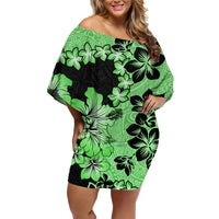 Green Hawaii Family Matching Off Shoulder Short Dress and Hawaiian Shirt Tapa Cloth Mix Tropical Flowers Pastel Vibes - Wonder Print Shop