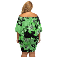 Green Hawaii Family Matching Off Shoulder Short Dress and Hawaiian Shirt Tapa Cloth Mix Tropical Flowers Pastel Vibes - Wonder Print Shop