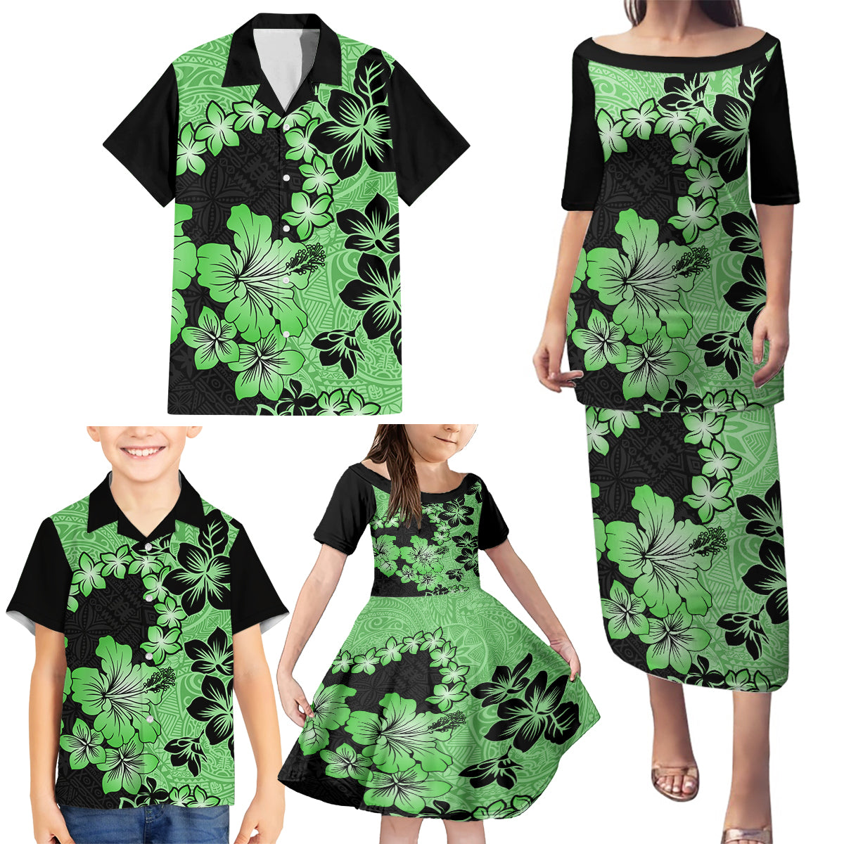 Green Hawaii Family Matching Puletasi Dress and Hawaiian Shirt Tapa Cloth Mix Tropical Flowers Pastel Vibes - Wonder Print Shop