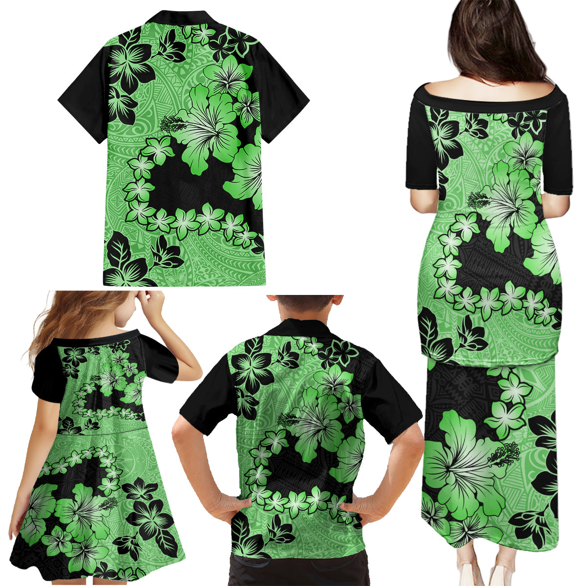 Green Hawaii Family Matching Puletasi Dress and Hawaiian Shirt Tapa Cloth Mix Tropical Flowers Pastel Vibes - Wonder Print Shop
