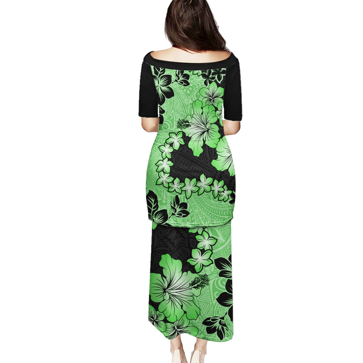 Green Hawaii Family Matching Puletasi Dress and Hawaiian Shirt Tapa Cloth Mix Tropical Flowers Pastel Vibes - Wonder Print Shop