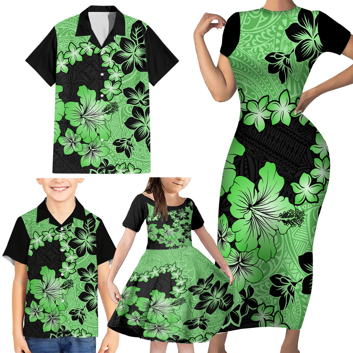 Green Hawaii Family Matching Short Sleeve Bodycon Dress and Hawaiian Shirt Tapa Cloth Mix Tropical Flowers Pastel Vibes - Wonder Print Shop