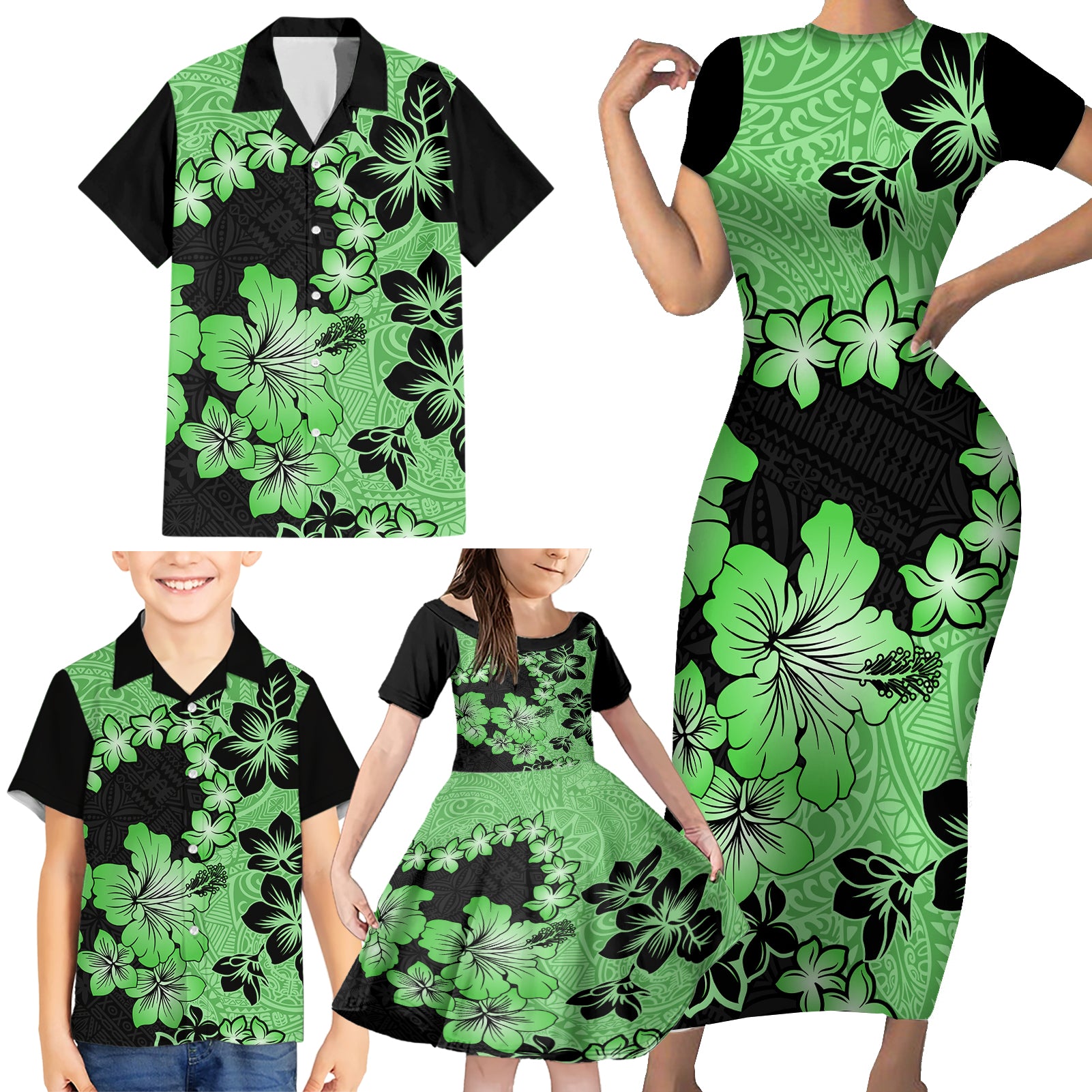 Green Hawaii Family Matching Short Sleeve Bodycon Dress and Hawaiian Shirt Tapa Cloth Mix Tropical Flowers Pastel Vibes - Wonder Print Shop