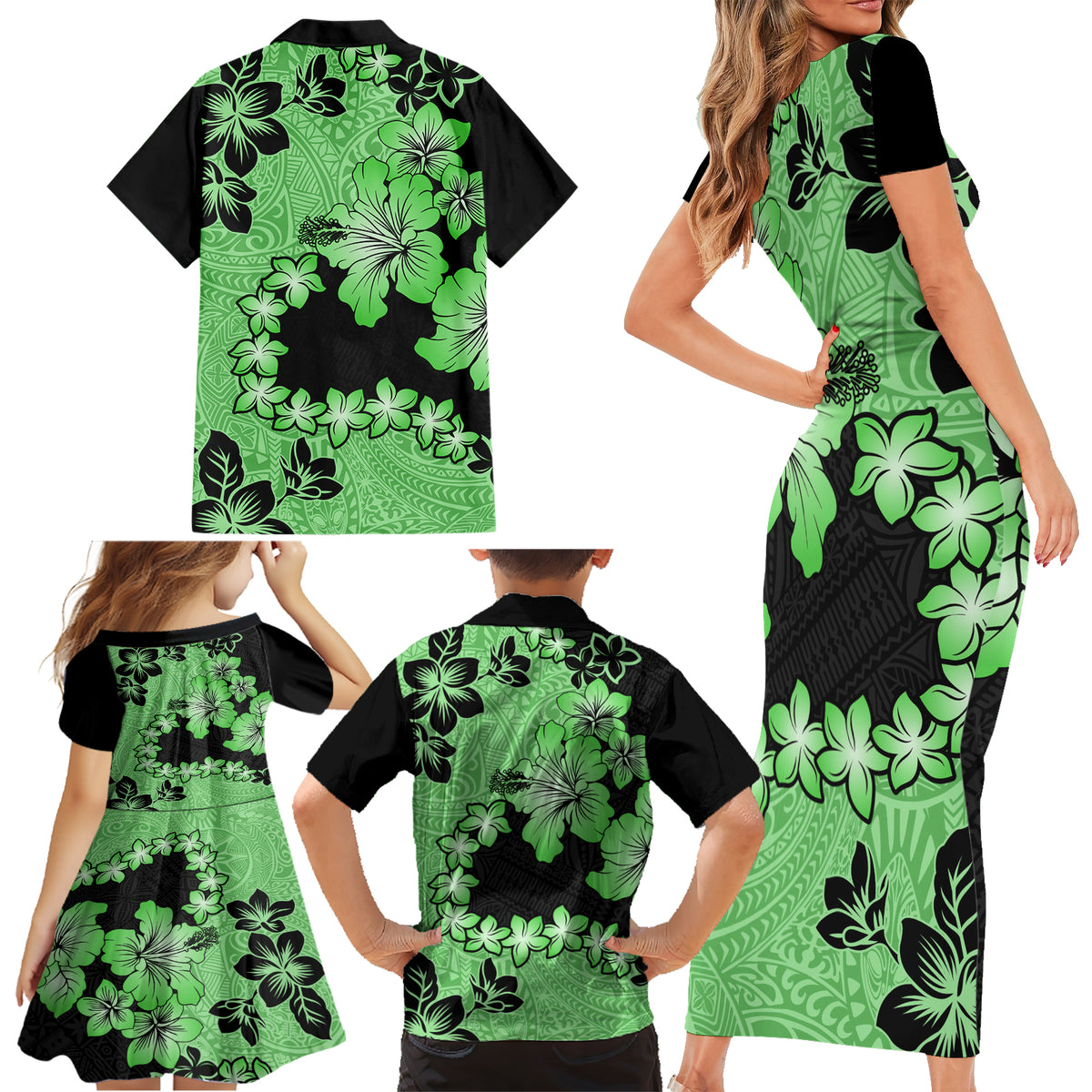 Green Hawaii Family Matching Short Sleeve Bodycon Dress and Hawaiian Shirt Tapa Cloth Mix Tropical Flowers Pastel Vibes - Wonder Print Shop