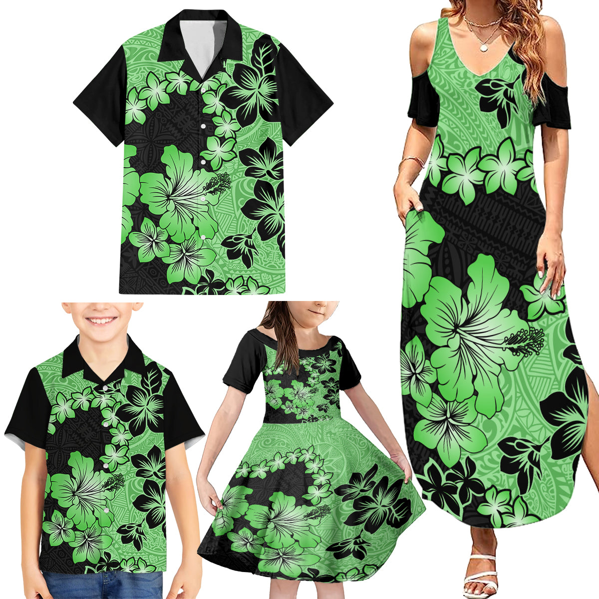 Green Hawaii Family Matching Summer Maxi Dress and Hawaiian Shirt Tapa Cloth Mix Tropical Flowers Pastel Vibes - Wonder Print Shop