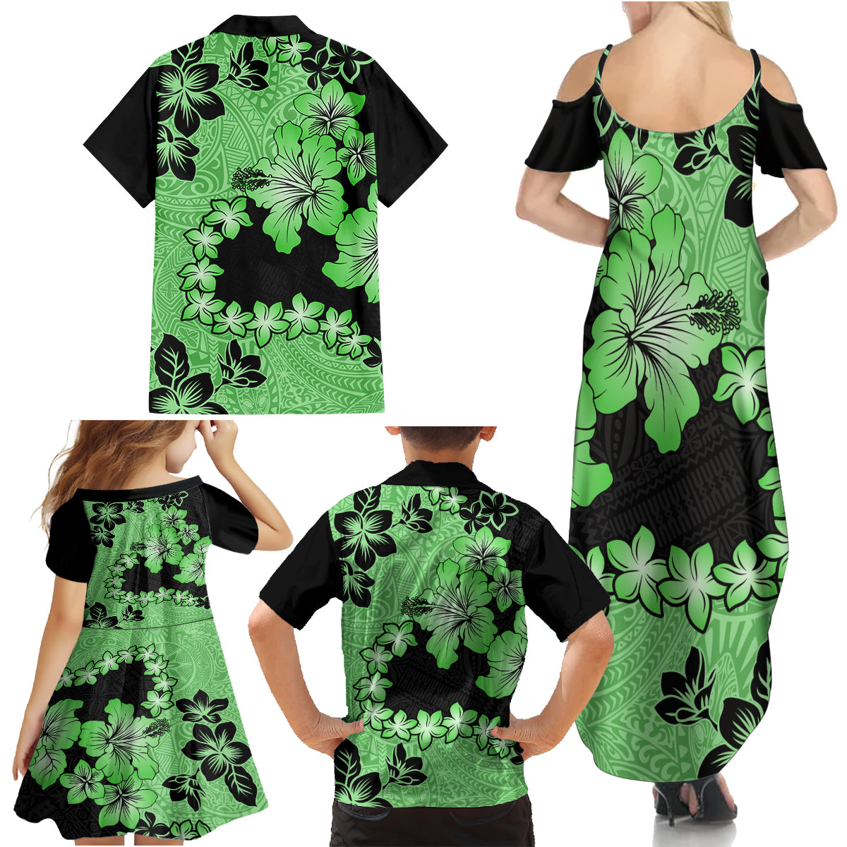 Green Hawaii Family Matching Summer Maxi Dress and Hawaiian Shirt Tapa Cloth Mix Tropical Flowers Pastel Vibes - Wonder Print Shop