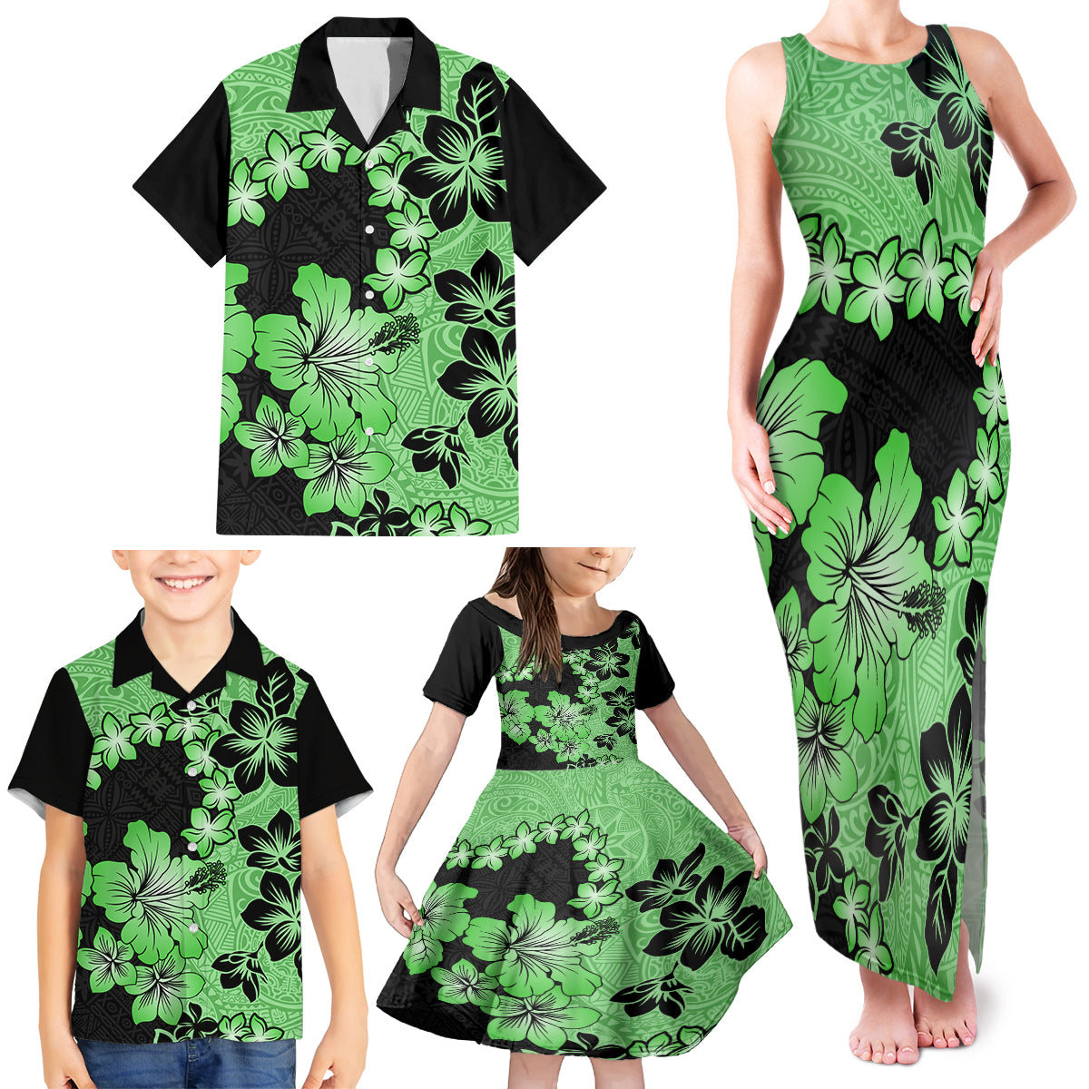 Green Hawaii Family Matching Tank Maxi Dress and Hawaiian Shirt Tapa Cloth Mix Tropical Flowers Pastel Vibes - Wonder Print Shop
