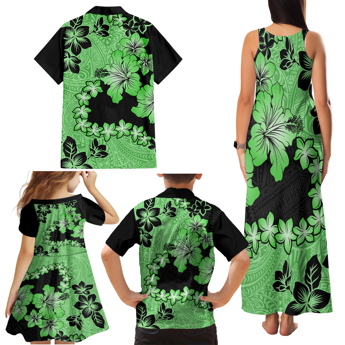 Green Hawaii Family Matching Tank Maxi Dress and Hawaiian Shirt Tapa Cloth Mix Tropical Flowers Pastel Vibes - Wonder Print Shop
