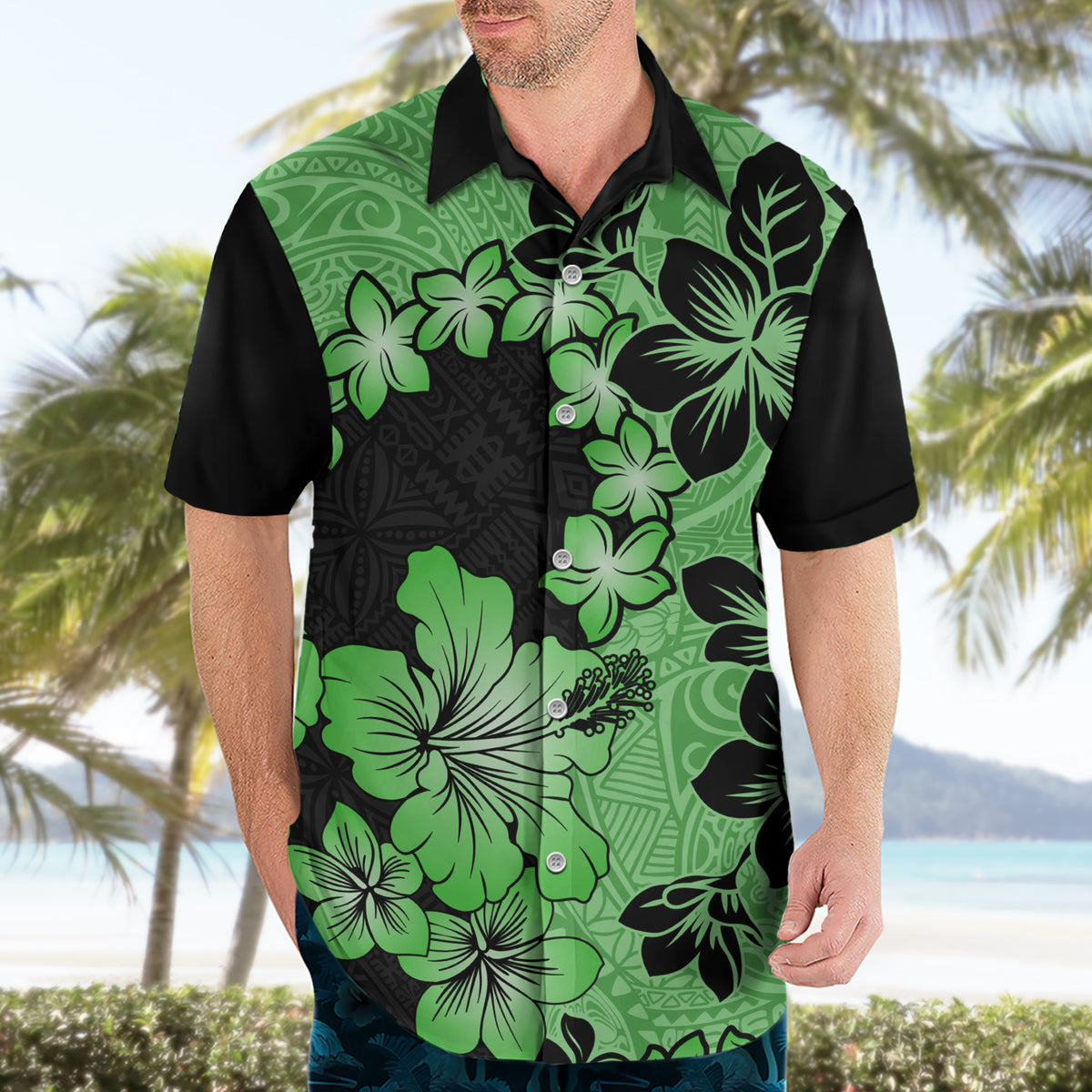 Green Hawaii Hawaiian Shirt Tapa Cloth Mix Tropical Flowers Pastel Vibes - Wonder Print Shop
