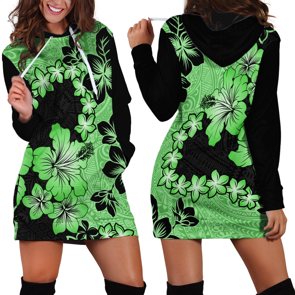 Green Hawaii Hoodie Dress Tapa Cloth Mix Tropical Flowers Pastel Vibes - Wonder Print Shop