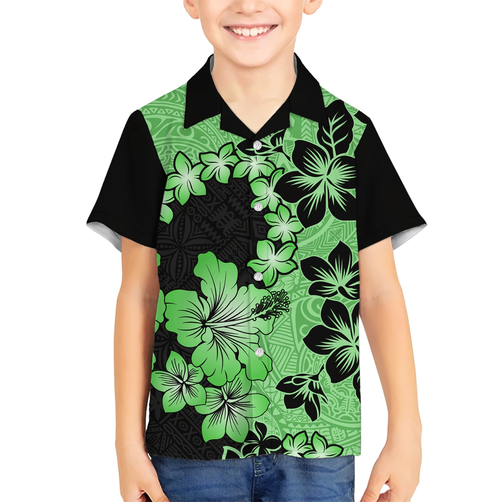Green Hawaii Kid Hawaiian Shirt Tapa Cloth Mix Tropical Flowers Pastel Vibes - Wonder Print Shop