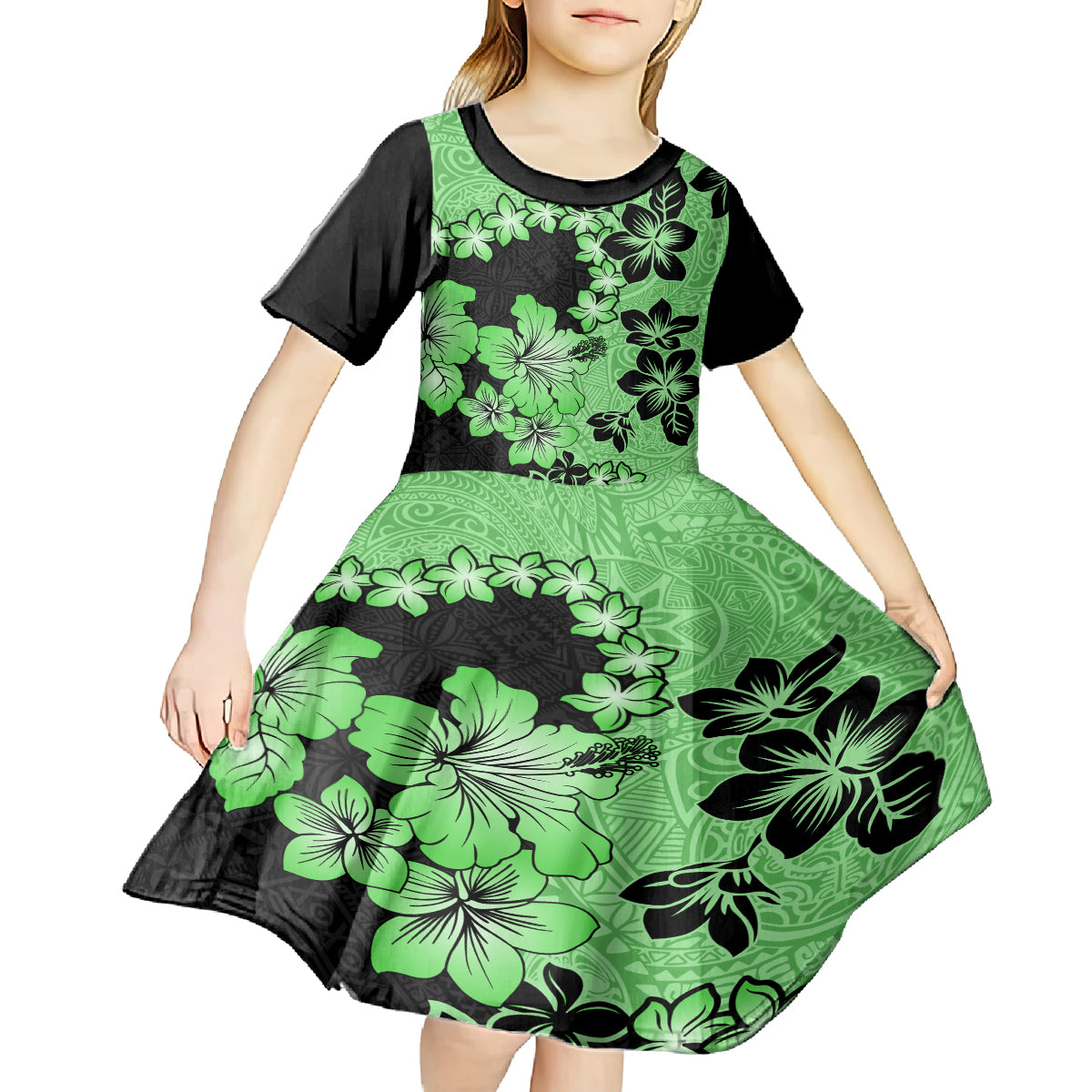Green Hawaii Kid Short Sleeve Dress Tapa Cloth Mix Tropical Flowers Pastel Vibes - Wonder Print Shop