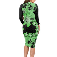 Green Hawaii Long Sleeve Bodycon Dress Tapa Cloth Mix Tropical Flowers Pastel Vibes - Wonder Print Shop