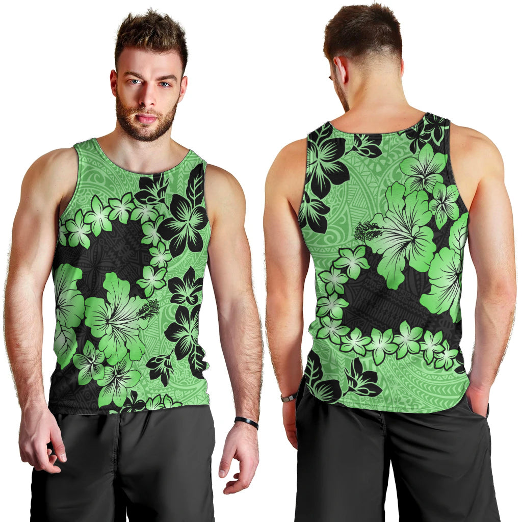 Green Hawaii Men Tank Top Tapa Cloth Mix Tropical Flowers Pastel Vibes - Wonder Print Shop