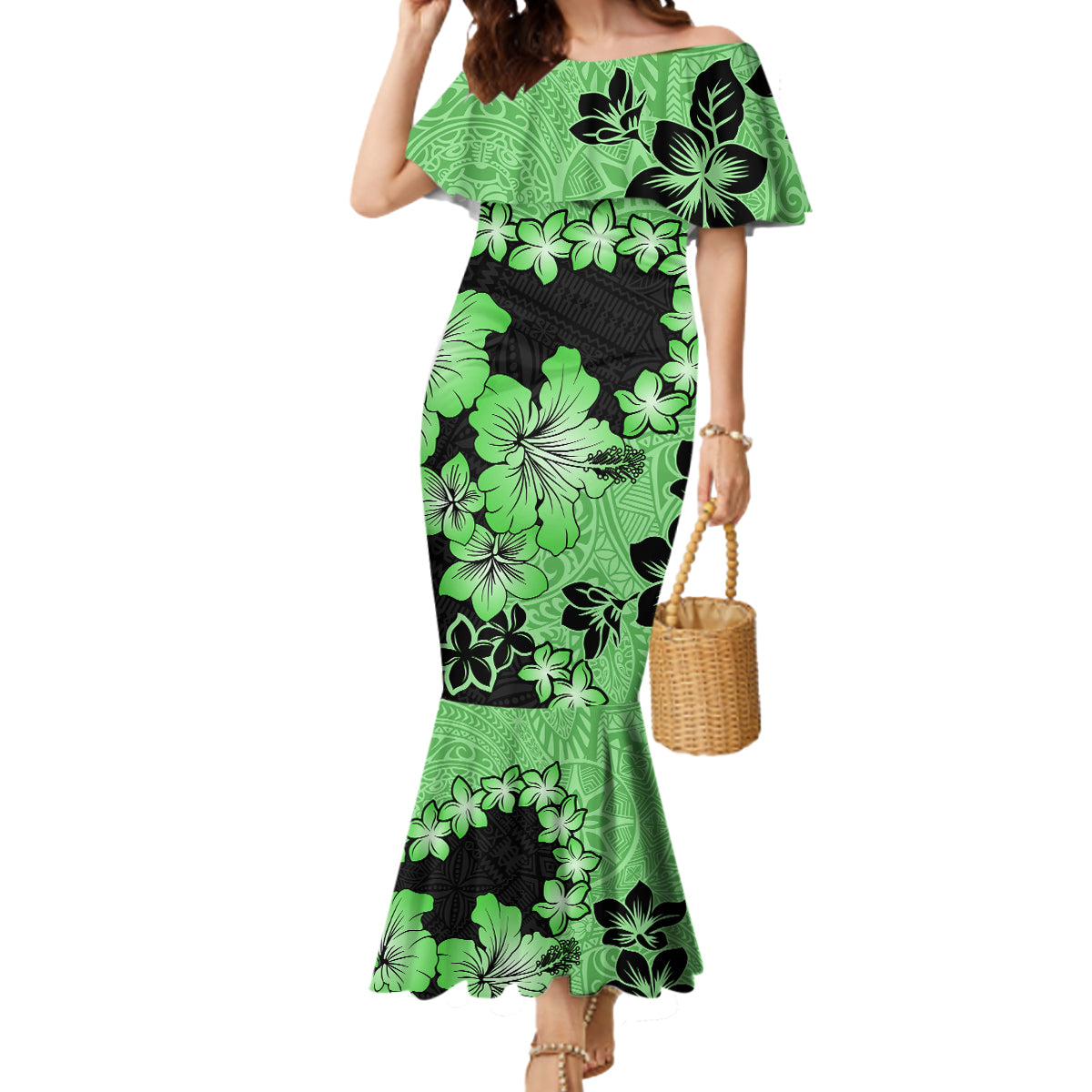 Green Hawaii Mermaid Dress Tapa Cloth Mix Tropical Flowers Pastel Vibes - Wonder Print Shop