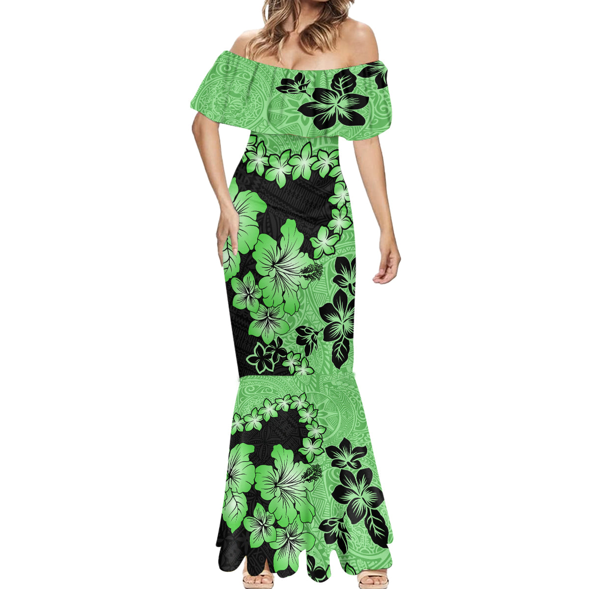 Green Hawaii Mermaid Dress Tapa Cloth Mix Tropical Flowers Pastel Vibes - Wonder Print Shop