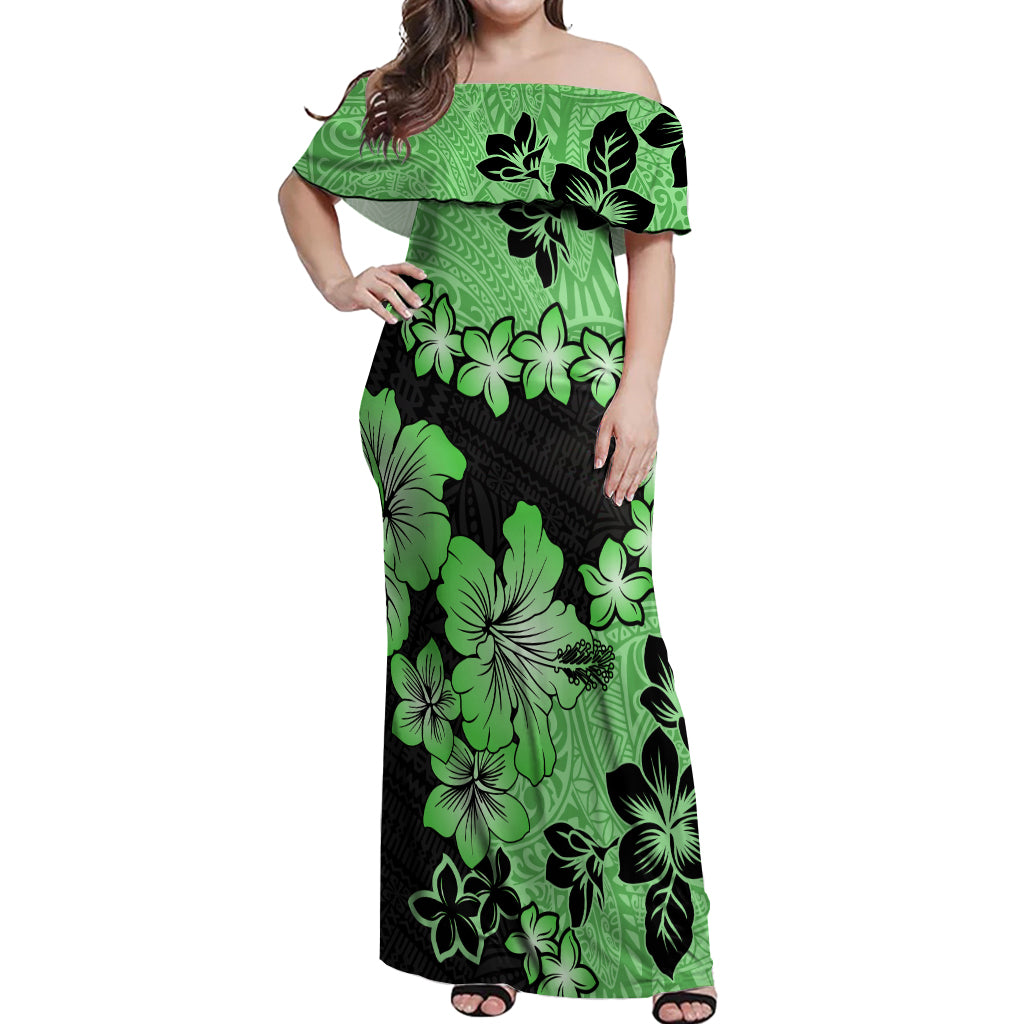 Green Hawaii Off Shoulder Maxi Dress Tapa Cloth Mix Tropical Flowers Pastel Vibes - Wonder Print Shop
