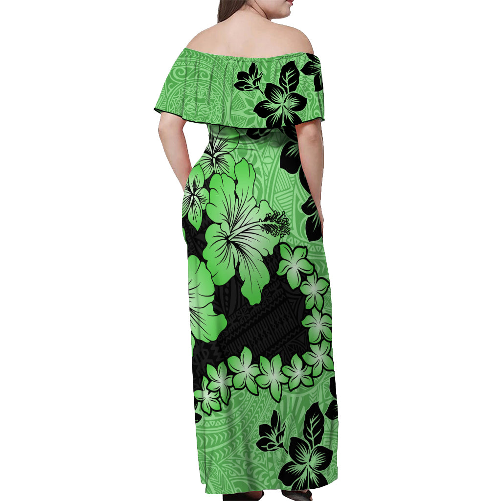 Green Hawaii Off Shoulder Maxi Dress Tapa Cloth Mix Tropical Flowers Pastel Vibes - Wonder Print Shop