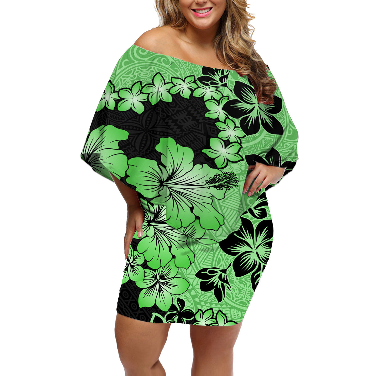 Green Hawaii Off Shoulder Short Dress Tapa Cloth Mix Tropical Flowers Pastel Vibes - Wonder Print Shop