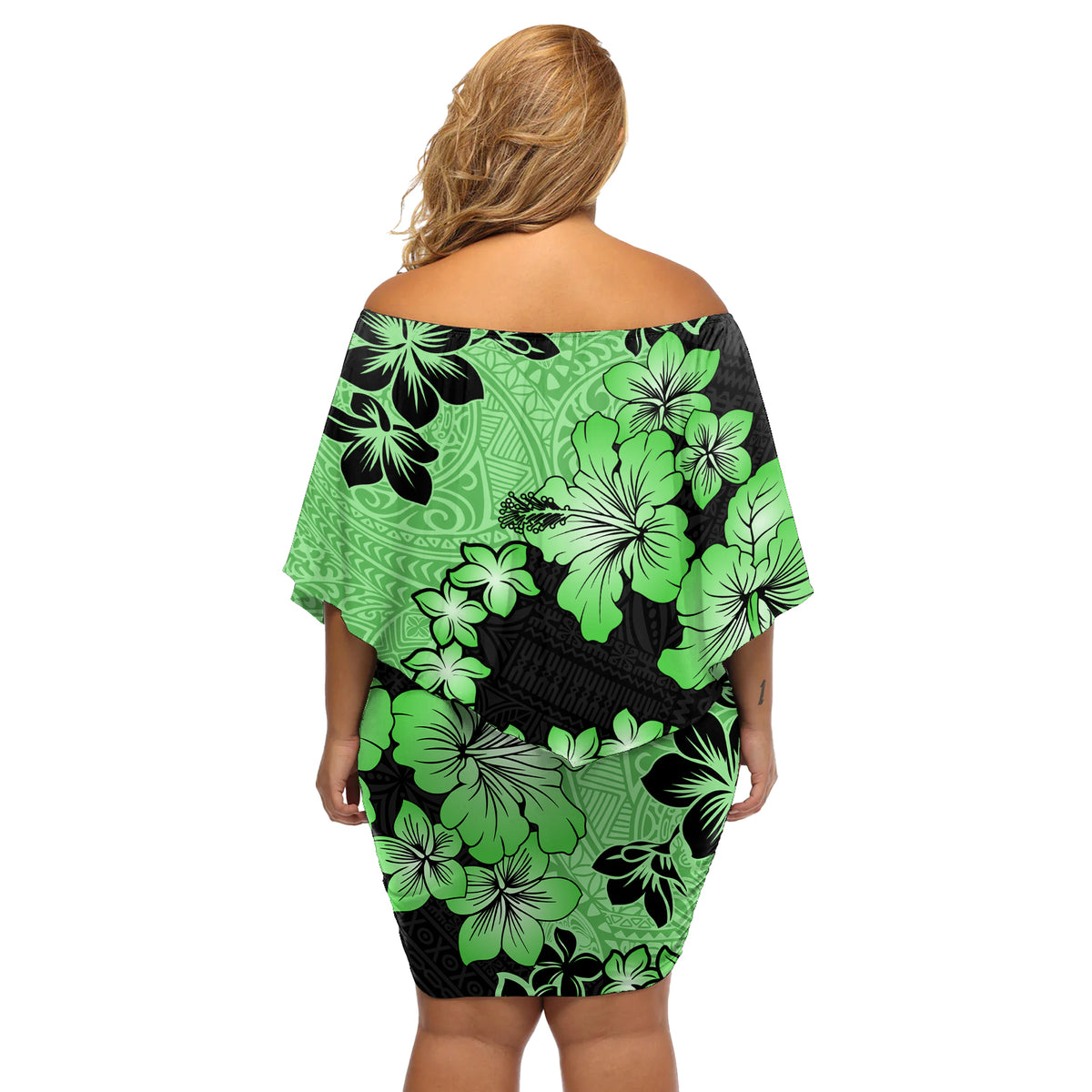 Green Hawaii Off Shoulder Short Dress Tapa Cloth Mix Tropical Flowers Pastel Vibes - Wonder Print Shop