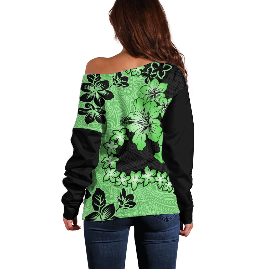 Green Hawaii Off Shoulder Sweater Tapa Cloth Mix Tropical Flowers Pastel Vibes - Wonder Print Shop