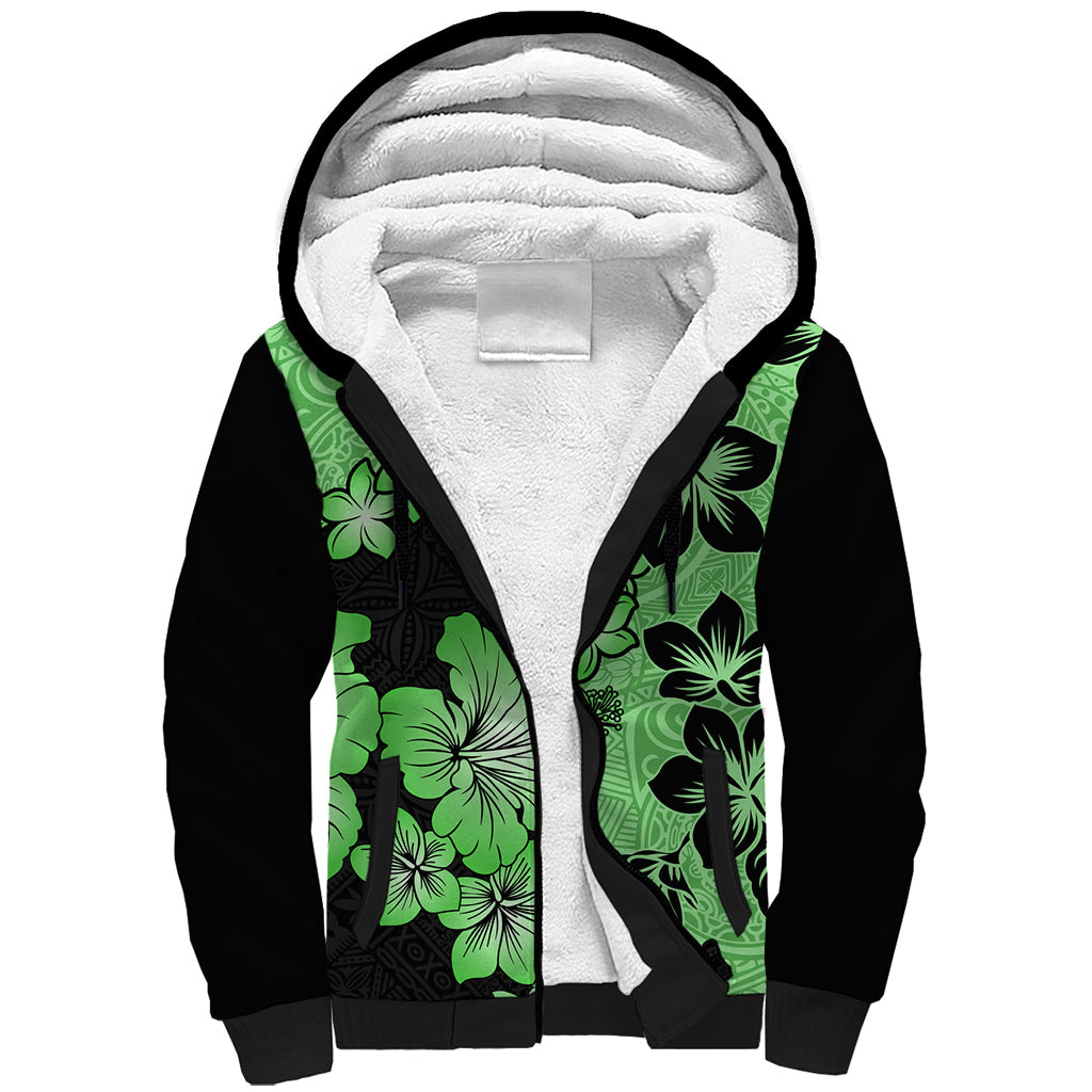 Green Hawaii Sherpa Hoodie Tapa Cloth Mix Tropical Flowers Pastel Vibes - Wonder Print Shop