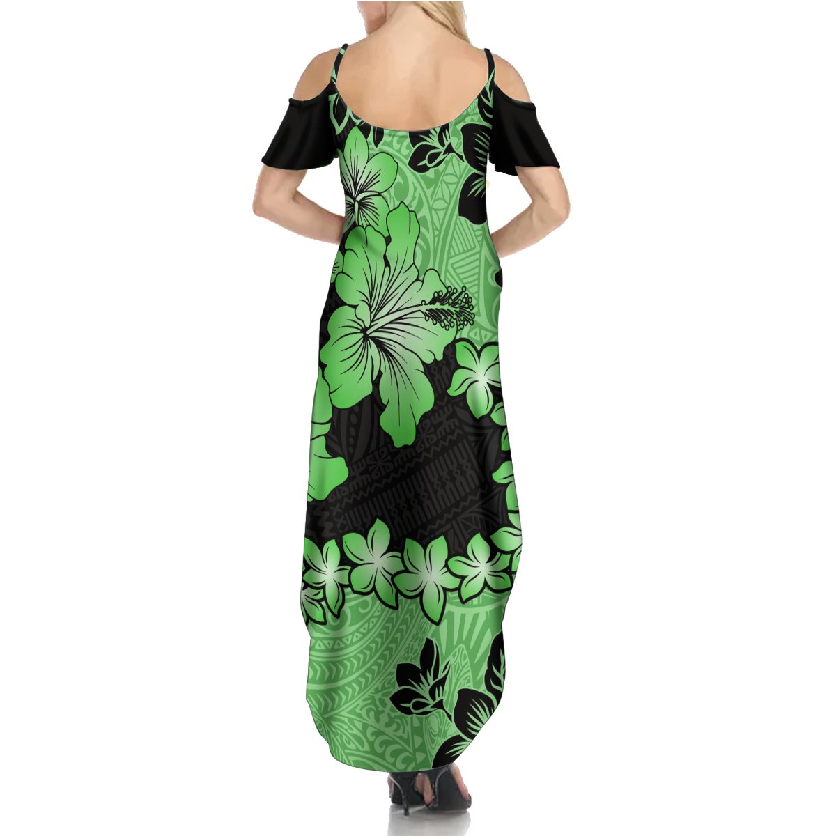 Green Hawaii Summer Maxi Dress Tapa Cloth Mix Tropical Flowers Pastel Vibes - Wonder Print Shop